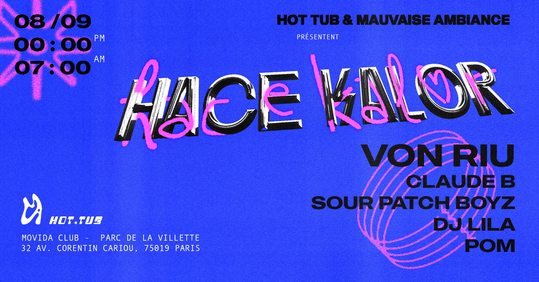 Hace Kalor &mdash; affiche, typographie chrom&eacute;e sur fond bleu &eacute;lectrique