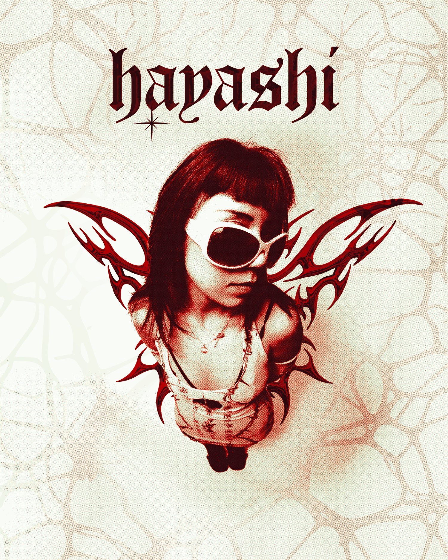 Affiche Hayashi gothique, portrait ail&eacute; en duoton rouge